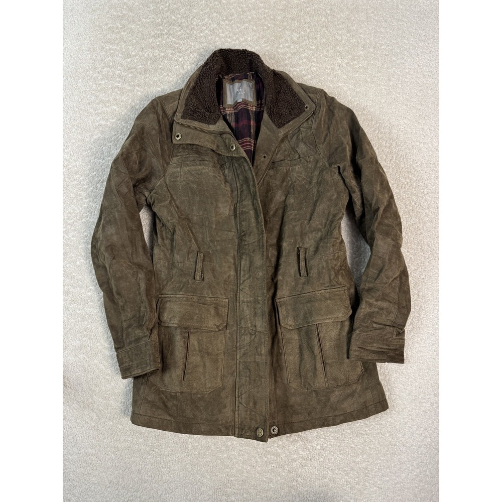 Lakeland Leather Jacket Womens 12‎ Brown Sherpa Collar Plaid Lined Outdoor Coat